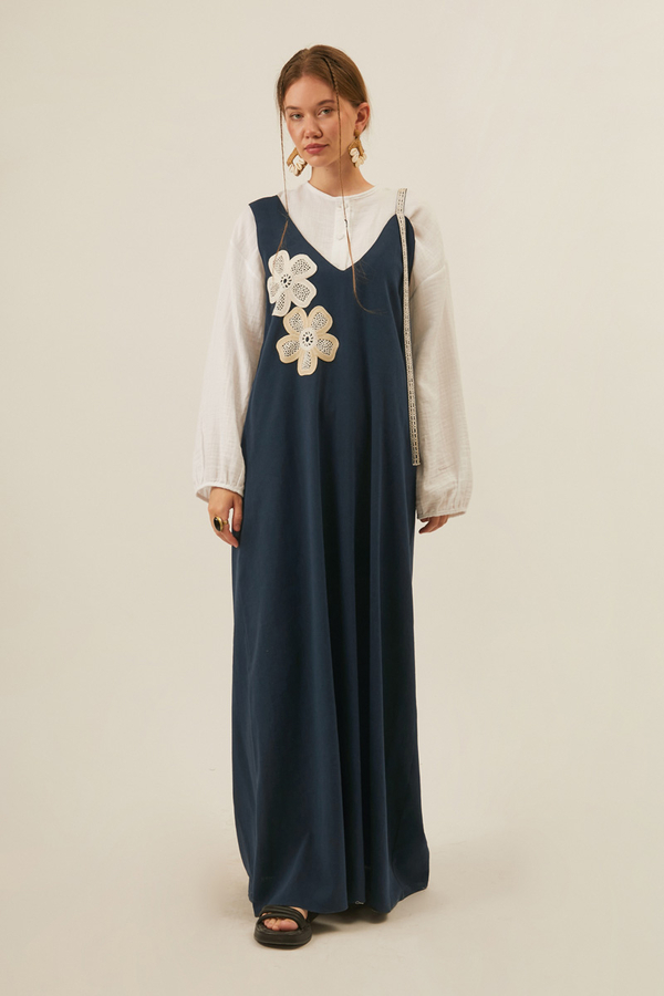 Floral Lace Detailed Sleeveless Dress Navy Blue - 9