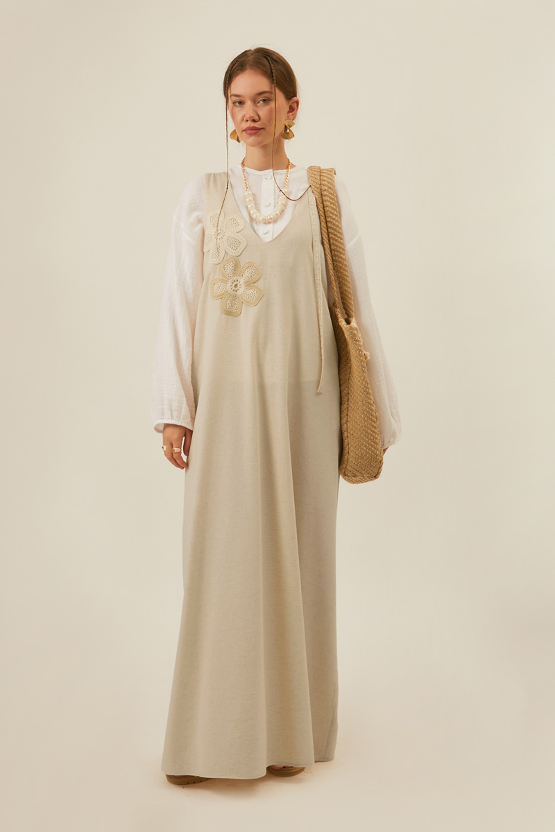 Floral Lace Detailed Sleeveless Dress Stone