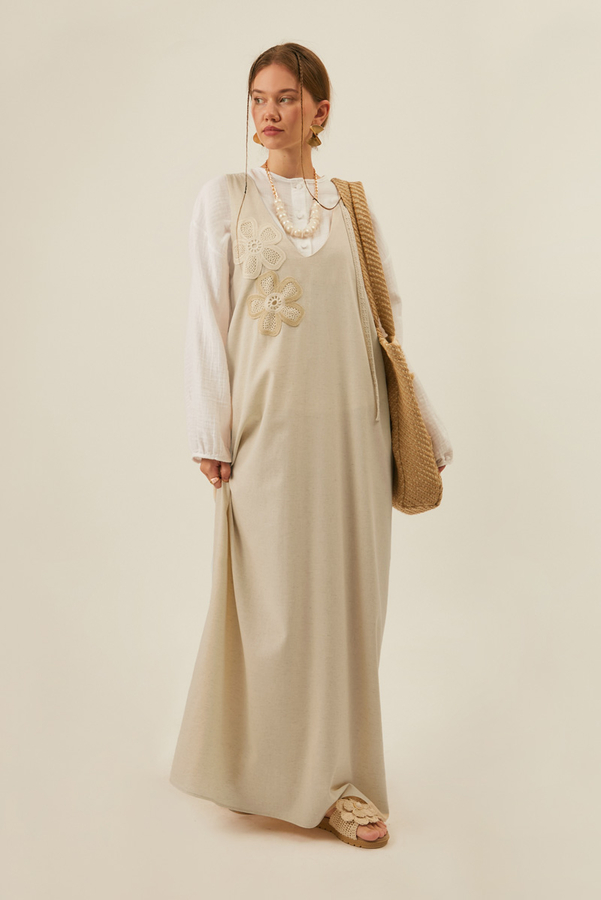 Floral Lace Detailed Sleeveless Dress Stone - 6