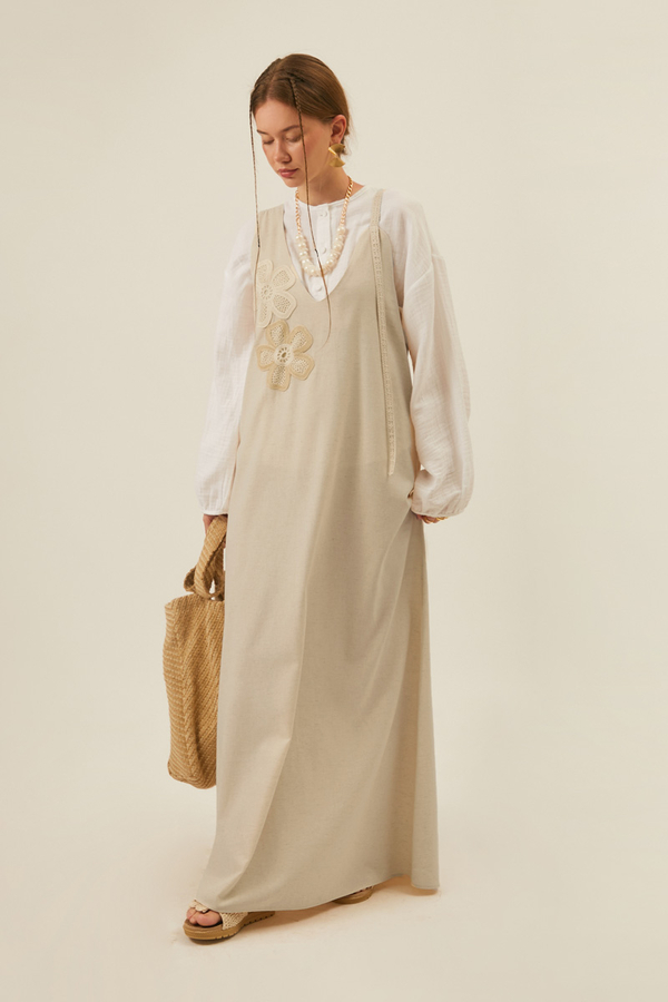 Floral Lace Detailed Sleeveless Dress Stone - 3