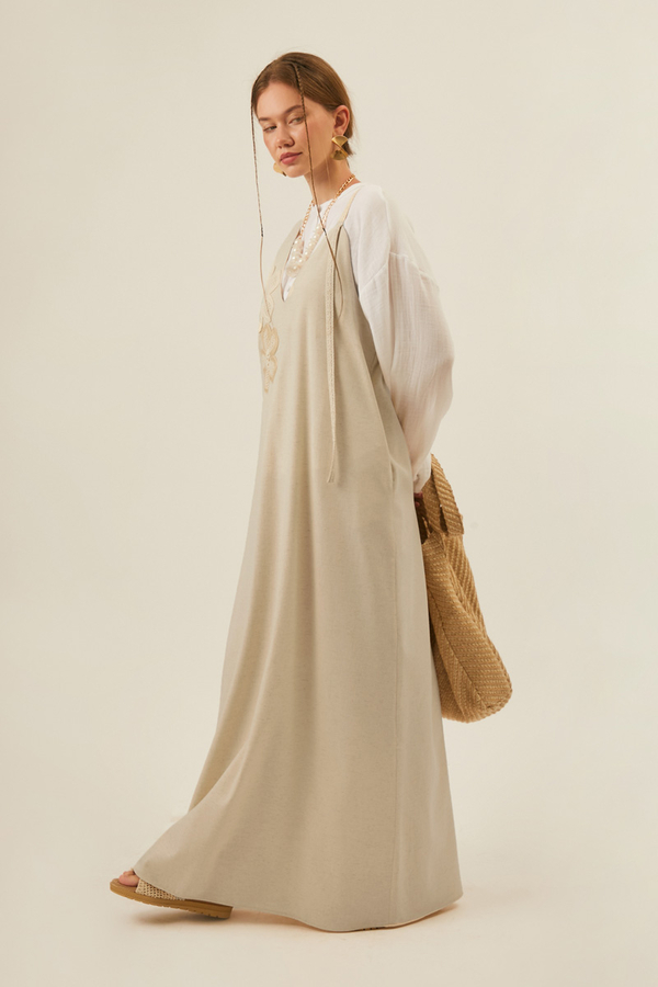 Floral Lace Detailed Sleeveless Dress Stone - 10