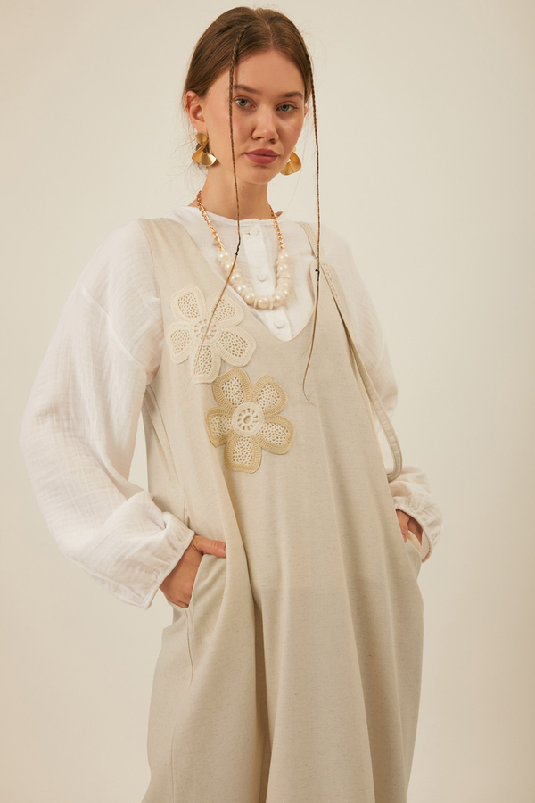 Floral Lace Detailed Sleeveless Dress Stone - 4