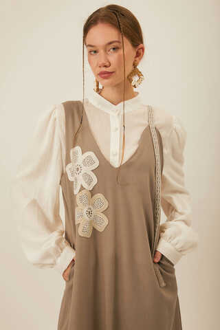 Floral Lace Detailed Sleeveless Dress Taupe - 4