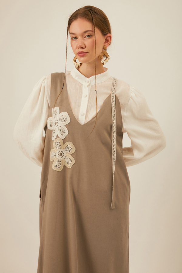 Floral Lace Detailed Sleeveless Dress Taupe - 8