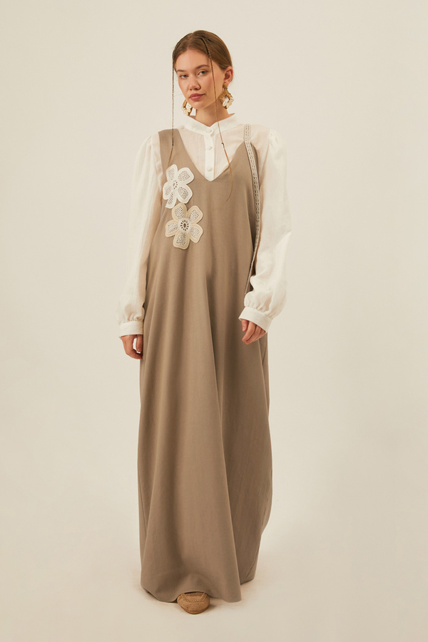 Floral Lace Detailed Sleeveless Dress Taupe - 9