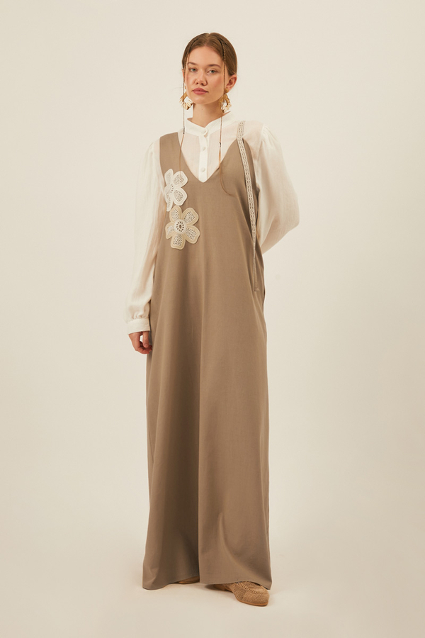 Floral Lace Detailed Sleeveless Dress Taupe - 10