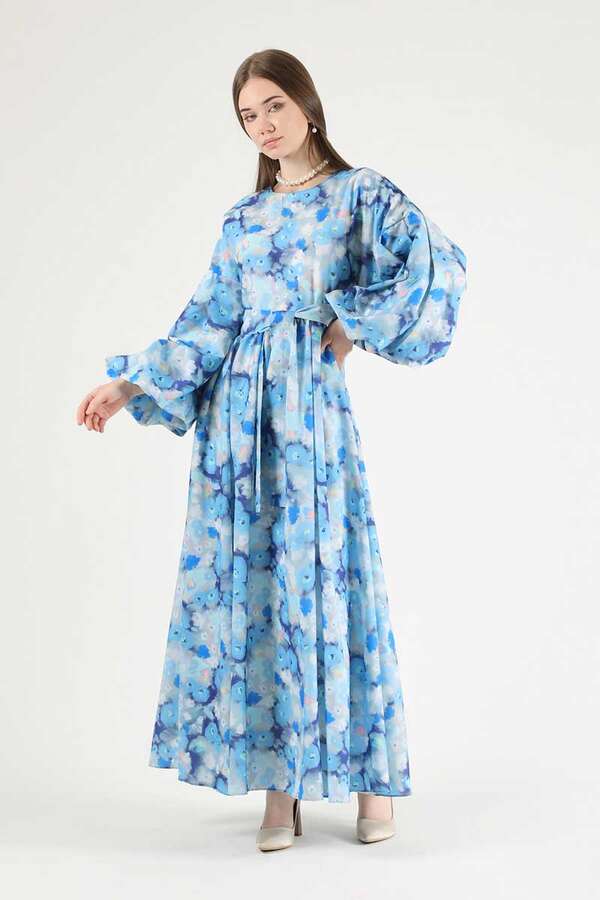 Floral Patterned Balloon Sleeve Dress Blue - 1