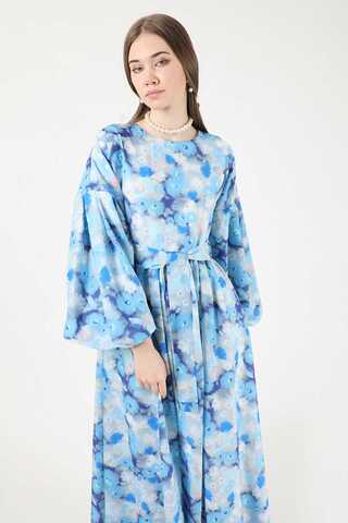 Floral Patterned Balloon Sleeve Dress Blue - 2