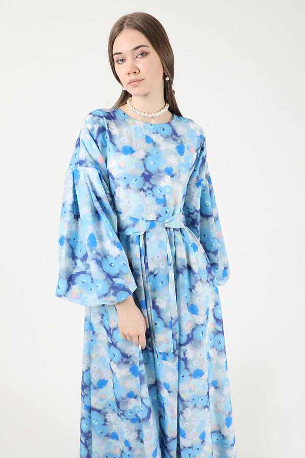 Floral Patterned Balloon Sleeve Dress Blue - 2