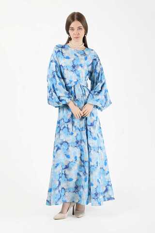 Floral Patterned Balloon Sleeve Dress Blue - 3