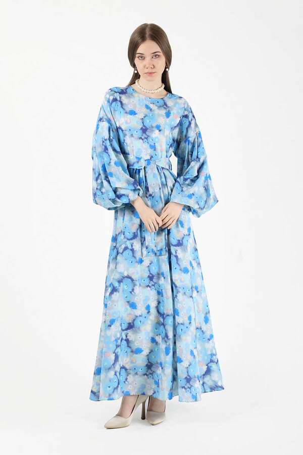 Floral Patterned Balloon Sleeve Dress Blue - 3