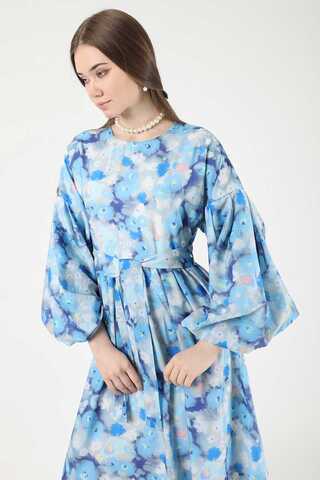 Floral Patterned Balloon Sleeve Dress Blue - 4