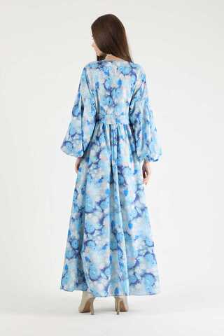 Floral Patterned Balloon Sleeve Dress Blue - 5