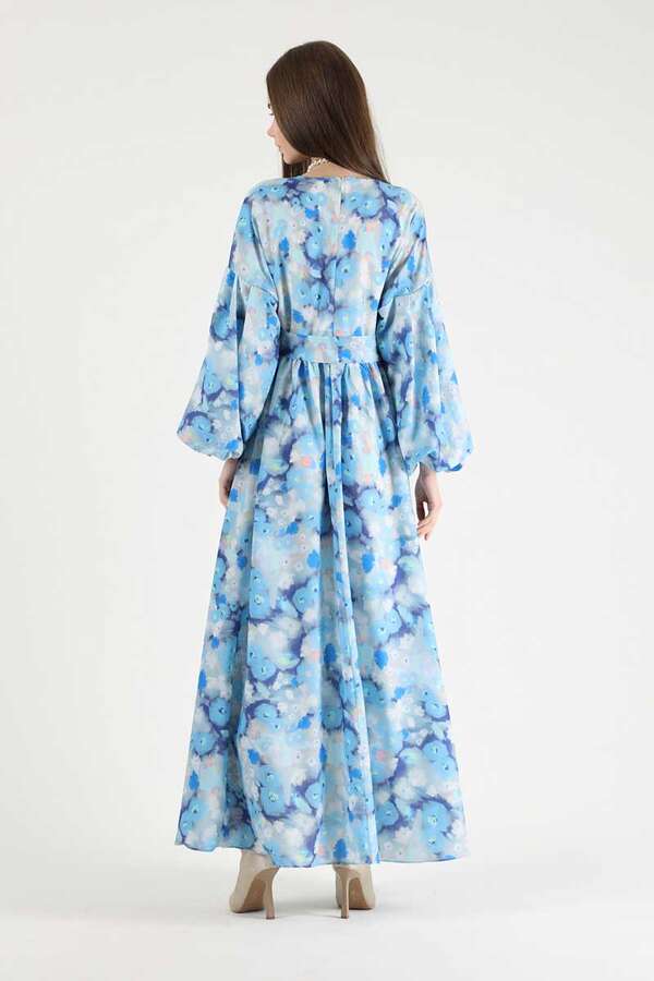 Floral Patterned Balloon Sleeve Dress Blue - 5