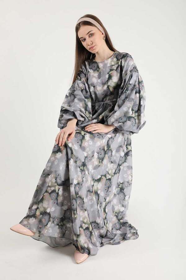 Floral Patterned Balloon Sleeve Dress Grey - 4