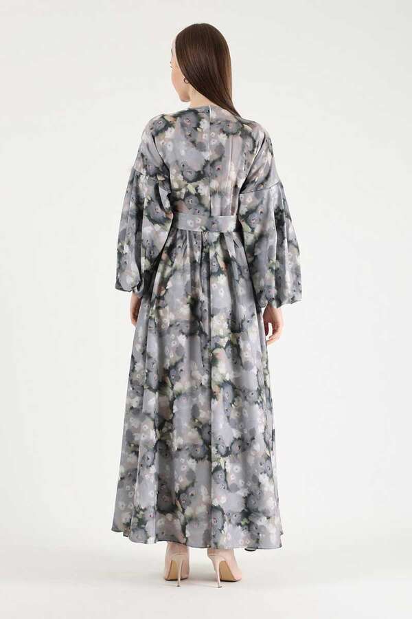Floral Patterned Balloon Sleeve Dress Grey - 5