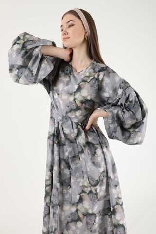 Floral Patterned Balloon Sleeve Dress Grey - 2