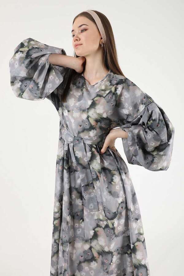 Floral Patterned Balloon Sleeve Dress Grey - 2