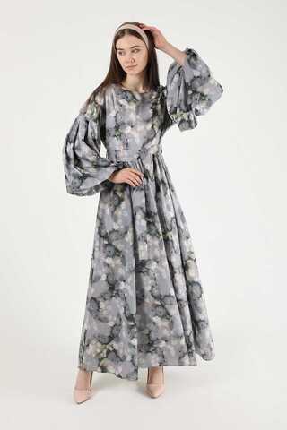 Floral Patterned Balloon Sleeve Dress Grey - 3