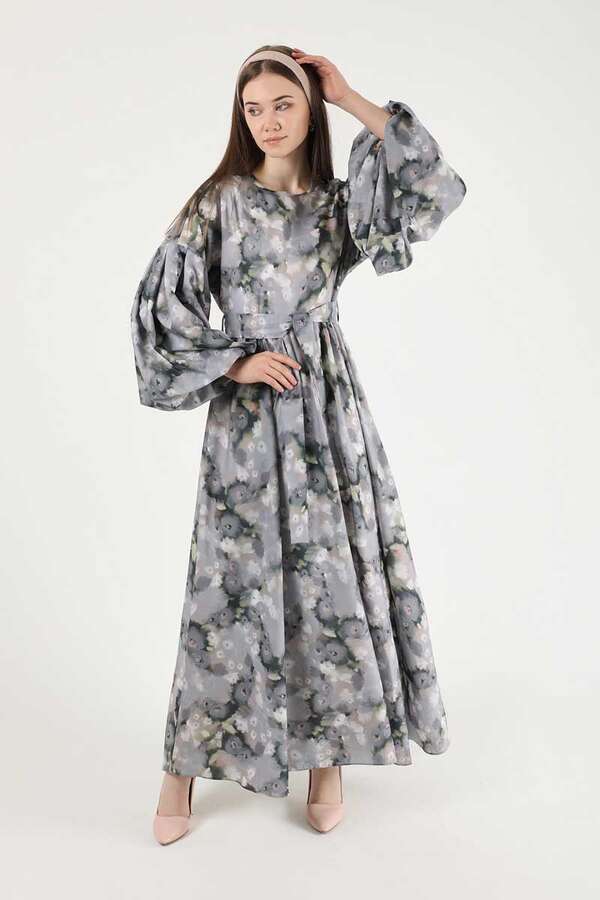 Floral Patterned Balloon Sleeve Dress Grey - 3