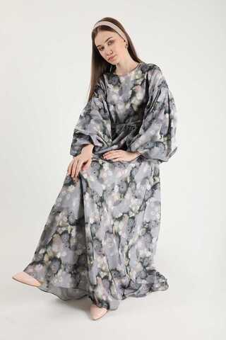 Floral Patterned Balloon Sleeve Dress Grey - 4
