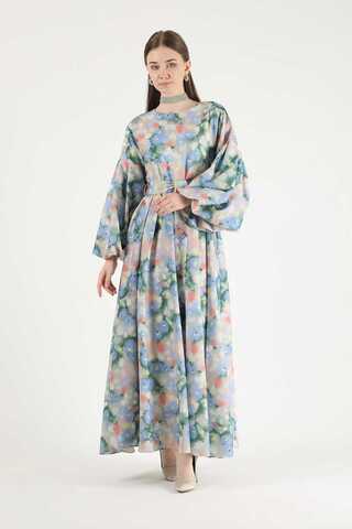 Floral Patterned Balloon Sleeve Dress Salmon - 1