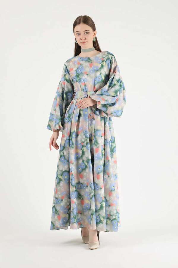 Floral Patterned Balloon Sleeve Dress Salmon - 1