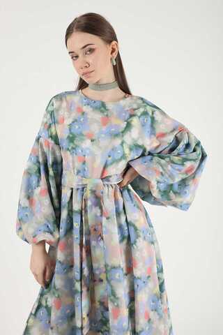 Floral Patterned Balloon Sleeve Dress Salmon - 2