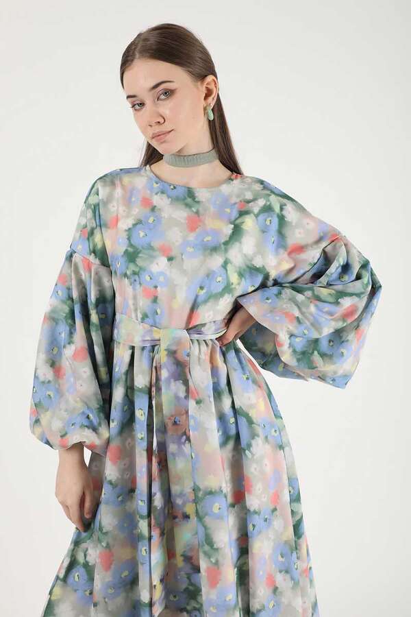 Floral Patterned Balloon Sleeve Dress Salmon - 2