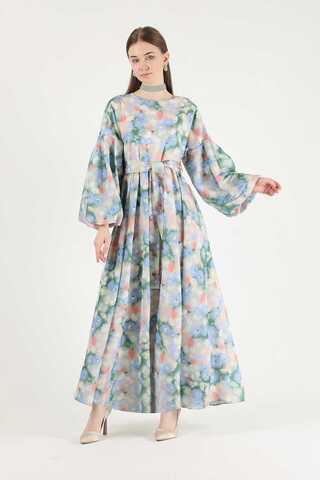 Floral Patterned Balloon Sleeve Dress Salmon - 3