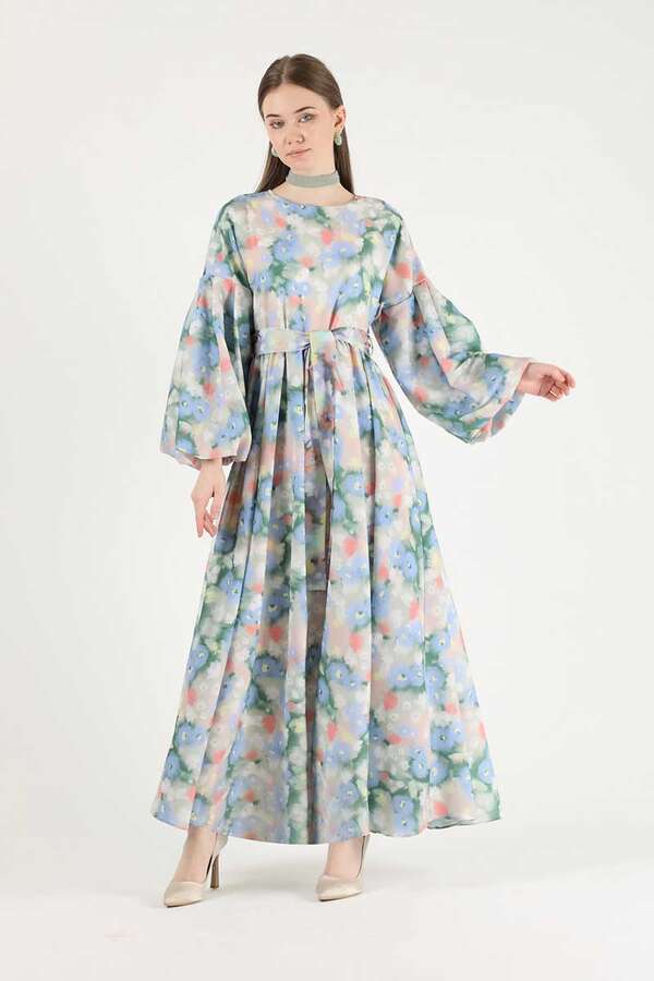 Floral Patterned Balloon Sleeve Dress Salmon - 3