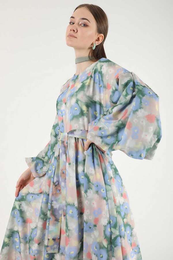 Floral Patterned Balloon Sleeve Dress Salmon - 4