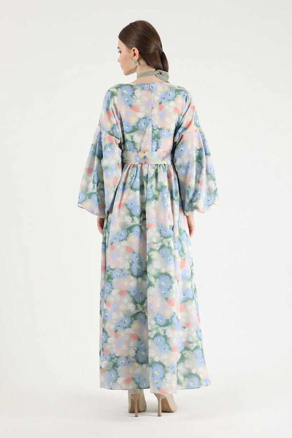 Floral Patterned Balloon Sleeve Dress Salmon - 5