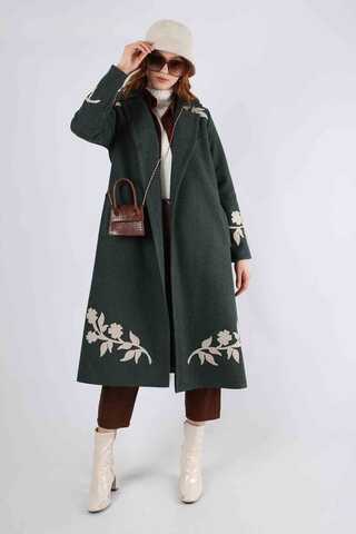 Floral Patterned Cachet Coat Dark Green - 1