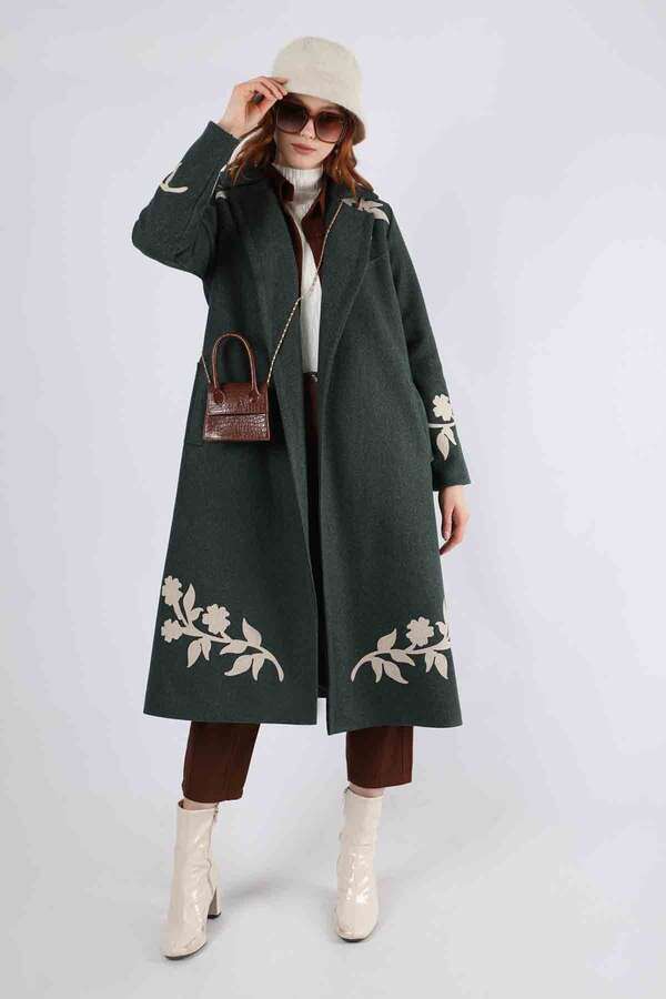 Floral Patterned Cachet Coat Dark Green - 1