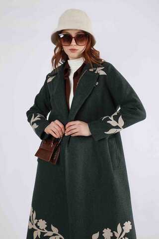 Floral Patterned Cachet Coat Dark Green - 4