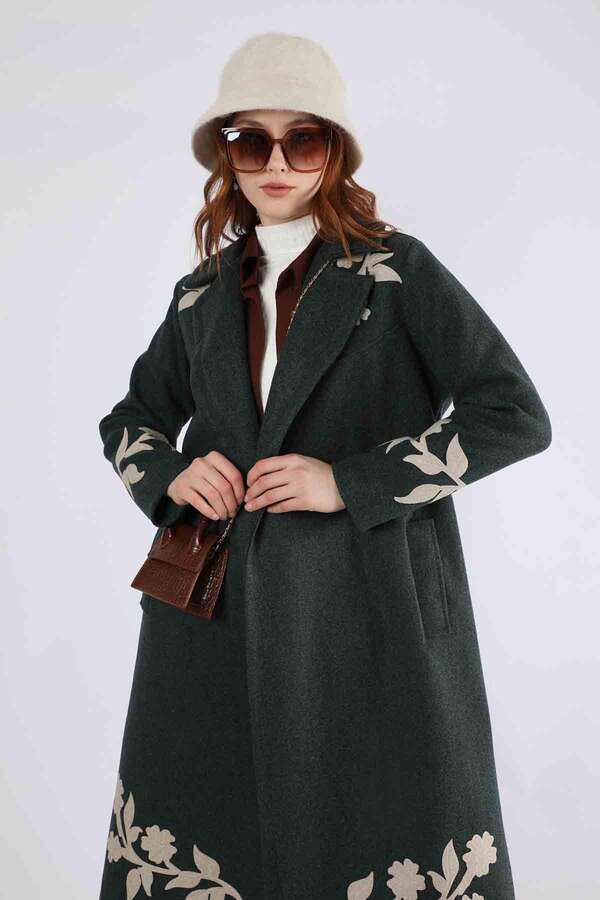 Floral Patterned Cachet Coat Dark Green - 4