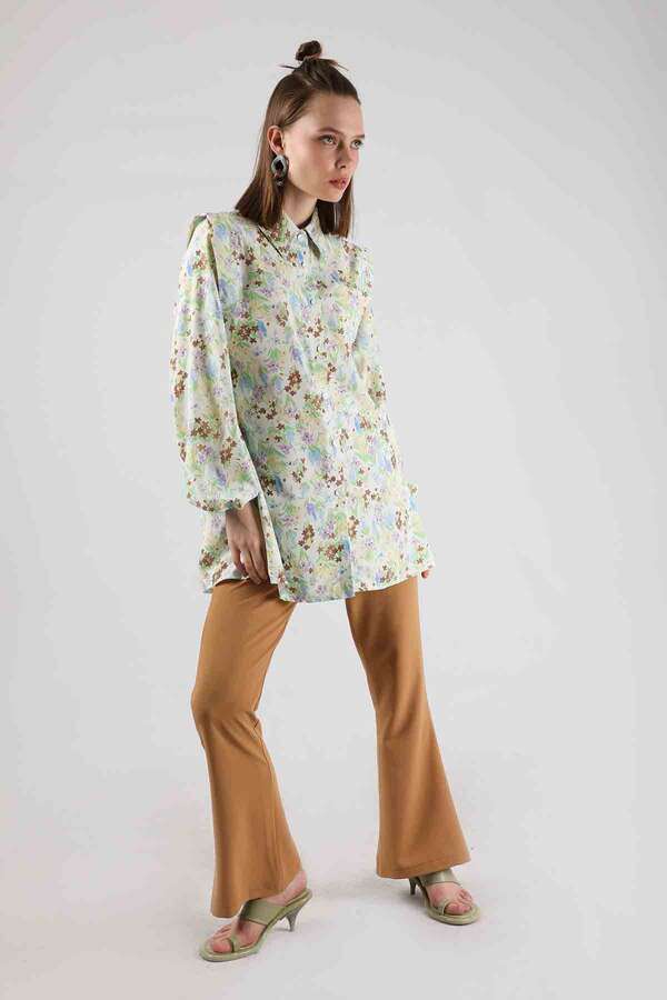 Floral Shirt Flared Set Camel - 3