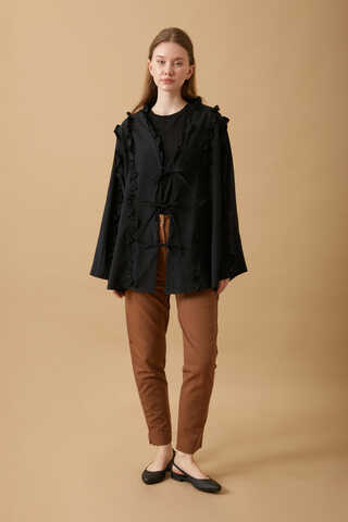 Frill Detail Tie Front Shirt Black - 2