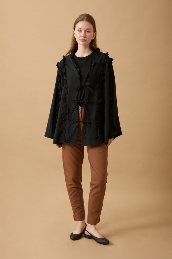 Frill Detail Tie Front Shirt Black - 2