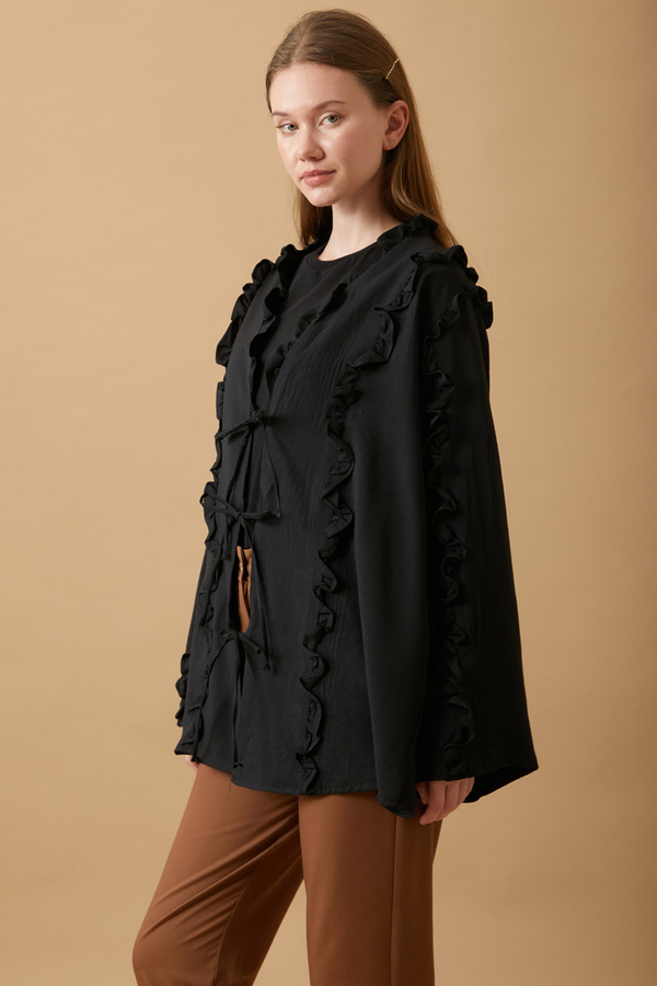 Frill Detail Tie Front Shirt Black - 3