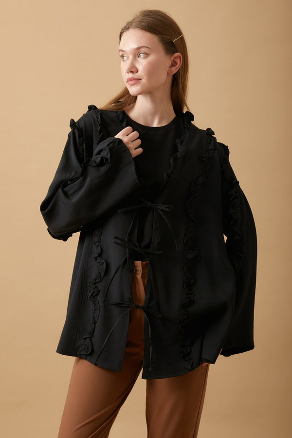 Frill Detail Tie Front Shirt Black - 1