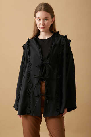Frill Detail Tie Front Shirt Black - 4