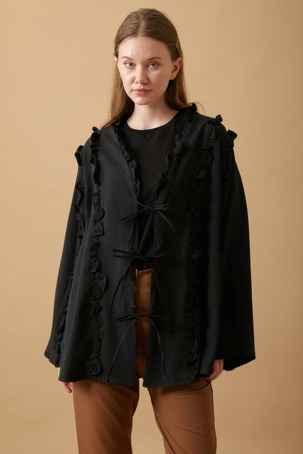 Frill Detail Tie Front Shirt Black - 4