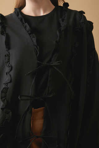 Frill Detail Tie Front Shirt Black - 5