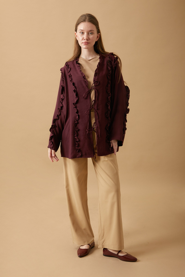 Frill Detail Tie Front Shirt Burgundy 