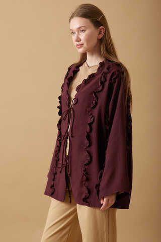 Frill Detail Tie Front Shirt Burgundy - 2