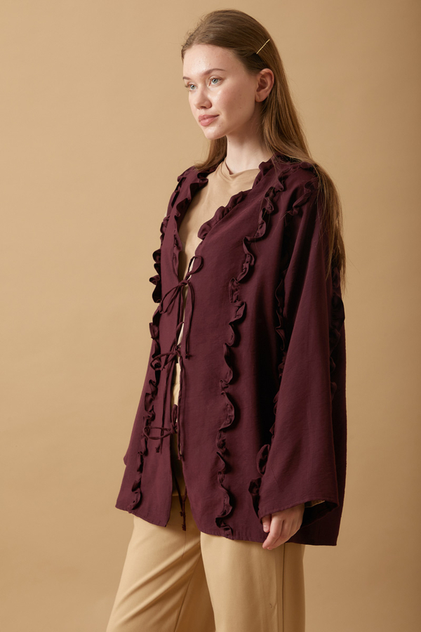 Frill Detail Tie Front Shirt Burgundy - 2