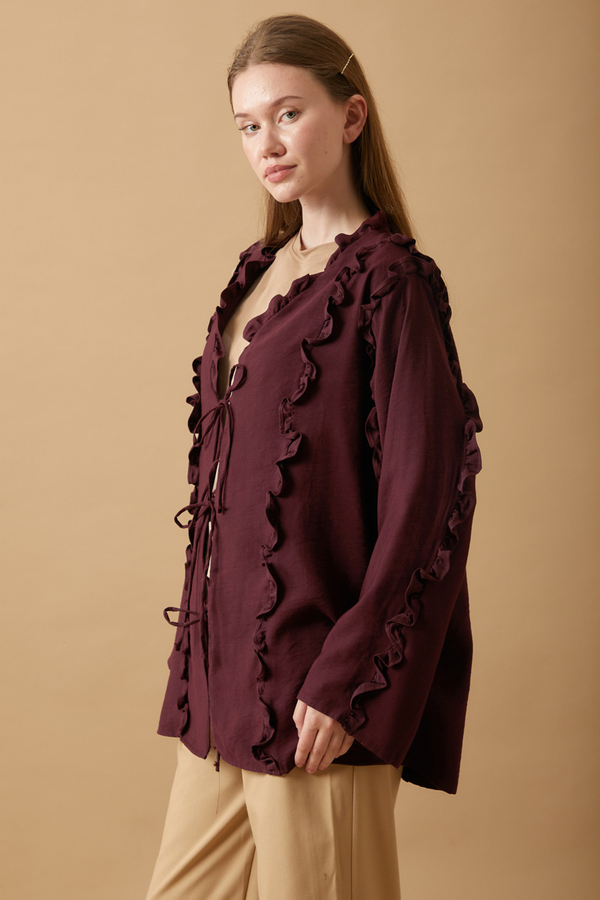 Frill Detail Tie Front Shirt Burgundy - 3