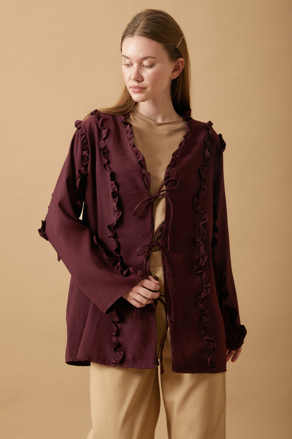 Frill Detail Tie Front Shirt Burgundy - 4